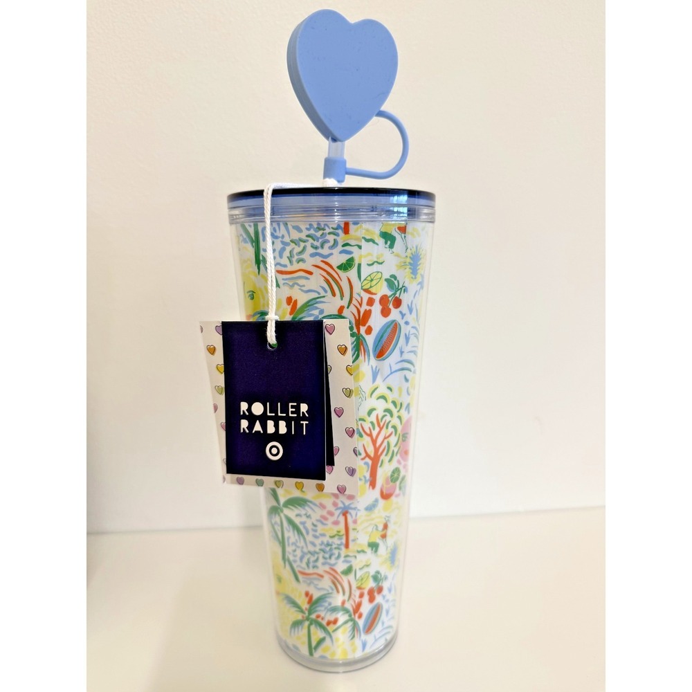 Roller Rabbit x Target 24oz Travel Cup Tumbler Covered Straw Tropical Print NWT